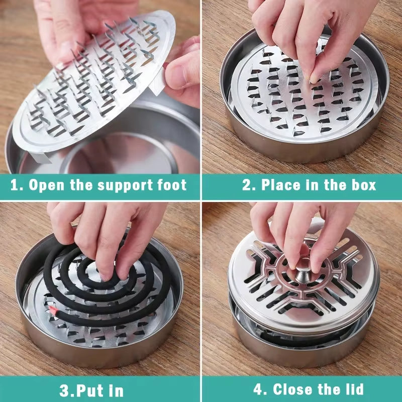 Mosquito Coils Holder Stainless Steel Mosquito Coil Box with Cover round Mosquito Coil Tray Easy to Clean Anti-Mosquito Supplies