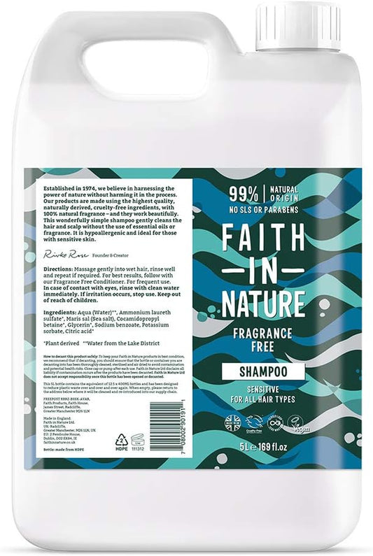 Natural Fragrance Free Shampoo, Sensitive, Vegan and Cruelty Free, No SLS or Parabens, for All Hair Type, 5L Refill Pack