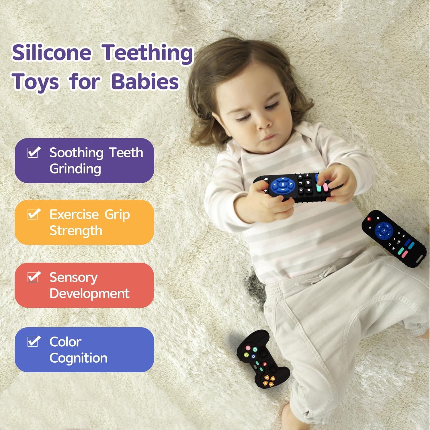 2 Pack Silicone Teething Toys for Babies 0-6 Months, Teethers for Babies 6-12 Months, Remote Teether for Baby, Sensory Toys for Babies, Baby Chew Toys