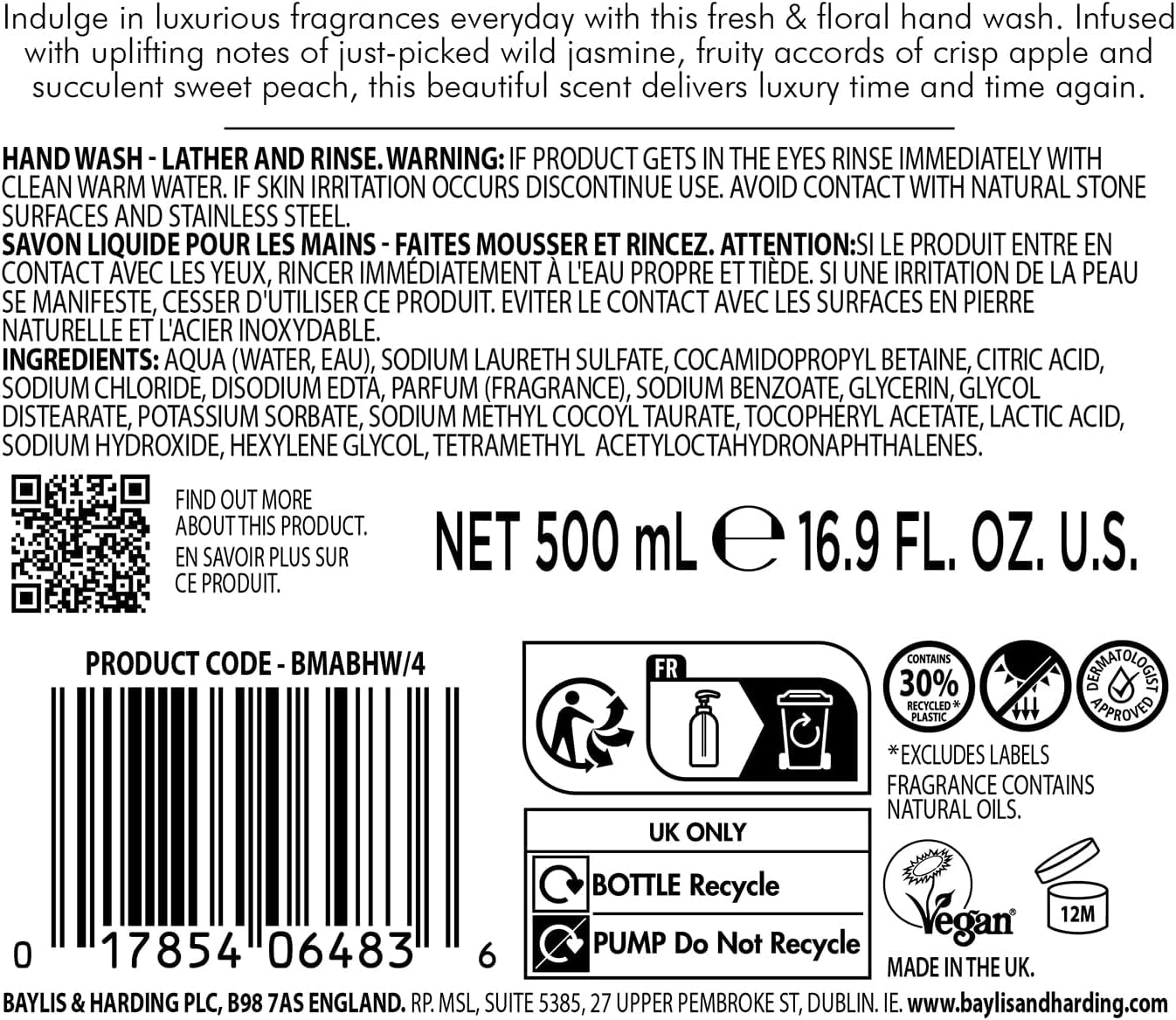 Jasmine and Apple Blossom Anti-Bacterial Hand Wash, 500 Ml (Pack of 3) - Vegan Friendly