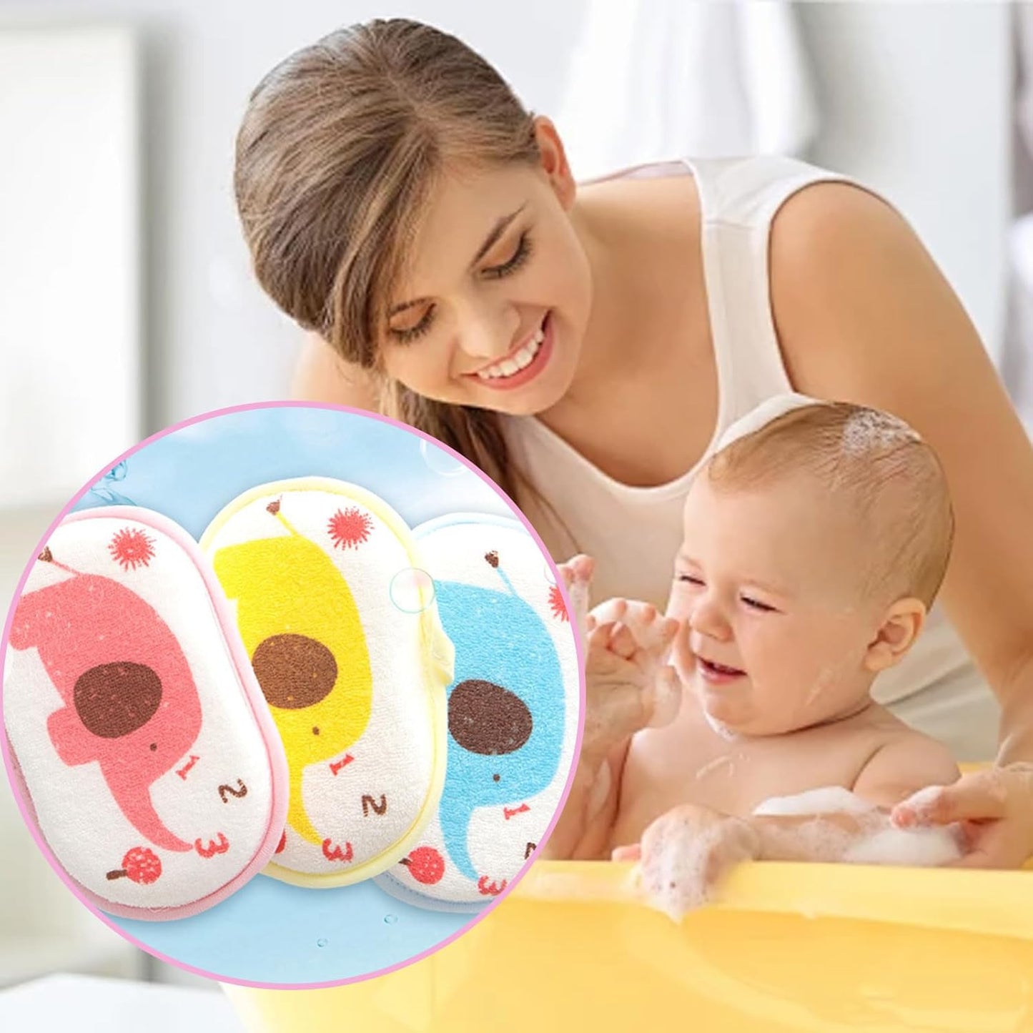 3 Pcs Baby Sponges for Bath, Elephants Baby Bath Sponge, Soft Safe Baby Sponge, Baby Sponges for Bath Newborn, Breathable Bath Sponge Kids, Three Layers of Protection Gentle on Toddler Skin