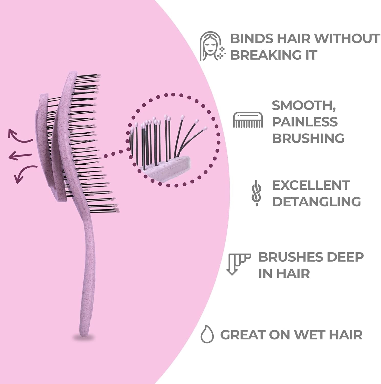Detangling Hair Brush for Women & Men - Does Not Pull - Straightening Brushes for Straight, Curly & Wet Hair - Detangle Brush - Unique Spiral Hairbrush - Pink